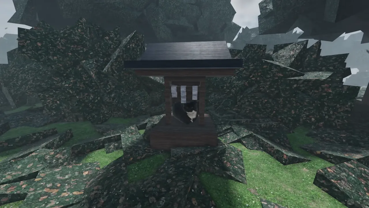 Character kneeling in prayer at the cat shrine to roll for the weapon drop