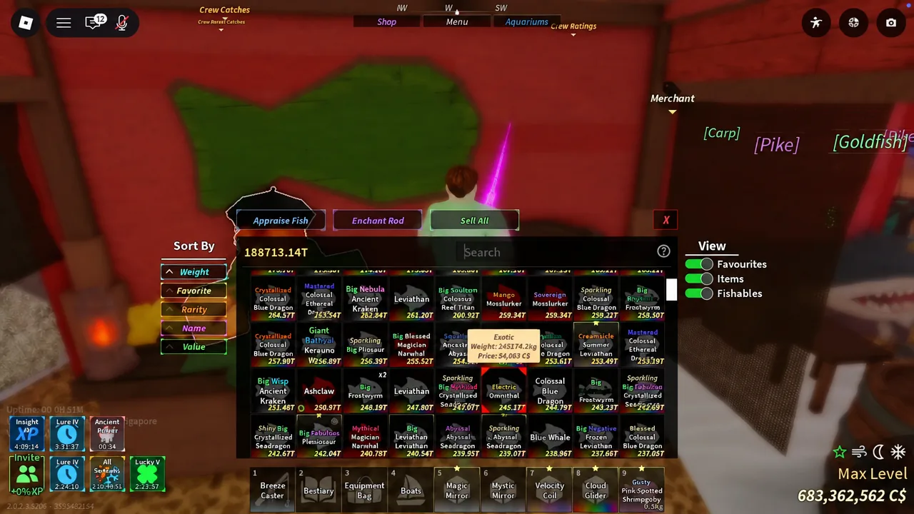 Merchant inventory screen with the Sell All button ready to cash out a bag of caught fish