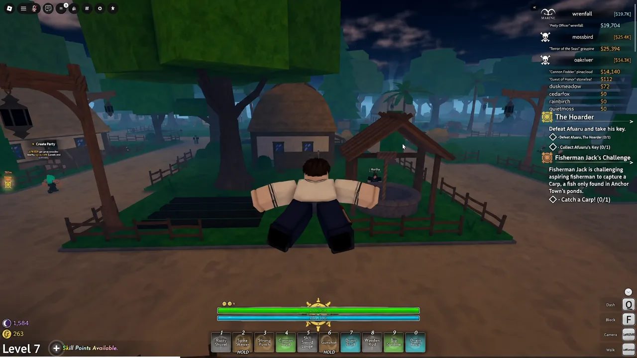 The Hoarder quest panel showing defeat and key objectives while the avatar approaches a stone well