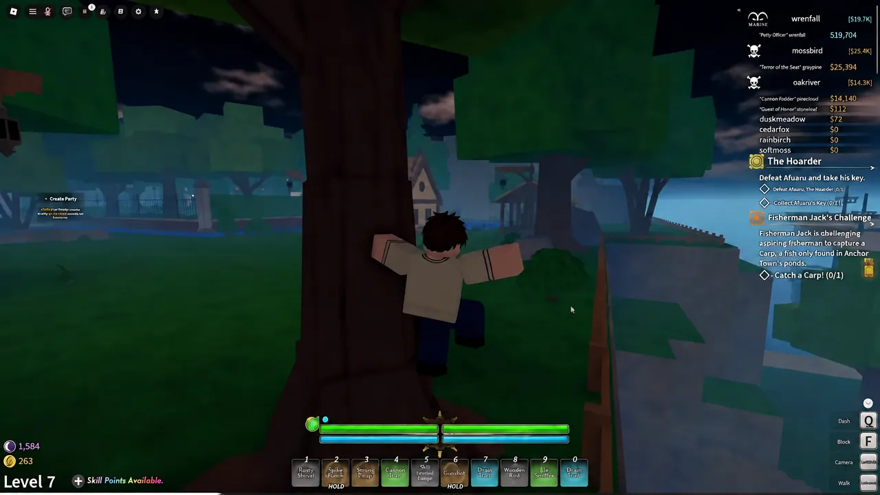Player climbing a tree in Grand Blue with the highlighted quest tracker visible