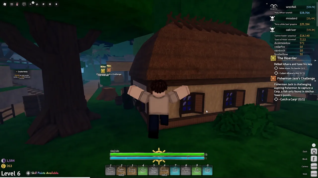 Avatar jumping toward a thatched house while the quest panel tracks objectives