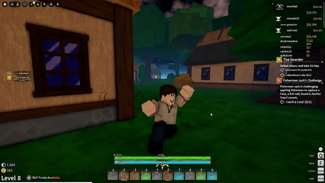 Player character running through Anchor Town with an active quest tracker on the right side of the screen