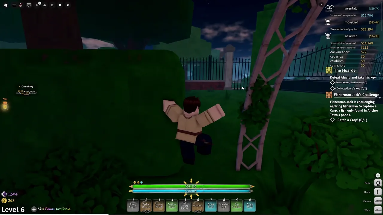 Player character jumping beside a tree during a quest with the objective panel on screen