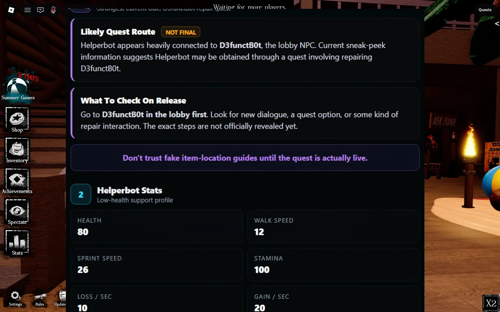 Helperbot reference notes showing the likely quest route and stat block side by side