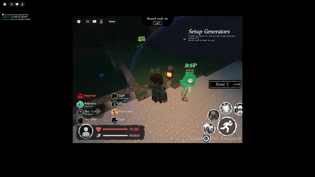 Player character standing beside a green 80 HP generator during the generator-setup objective