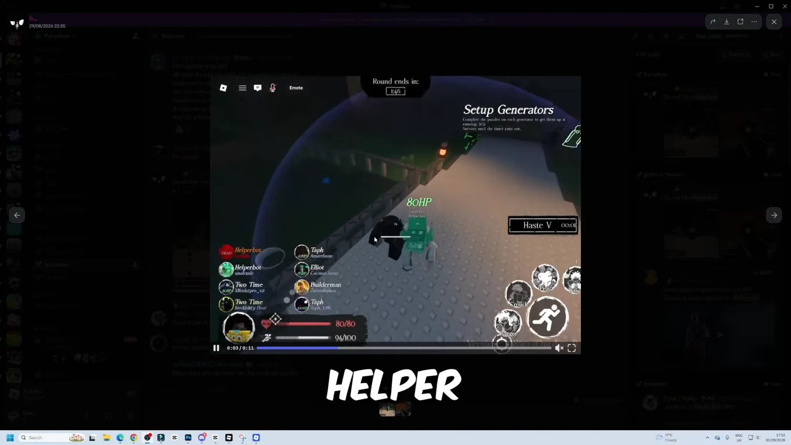 Forsaken round in progress with the Setup Generators objective displayed while a survivor works at a generator