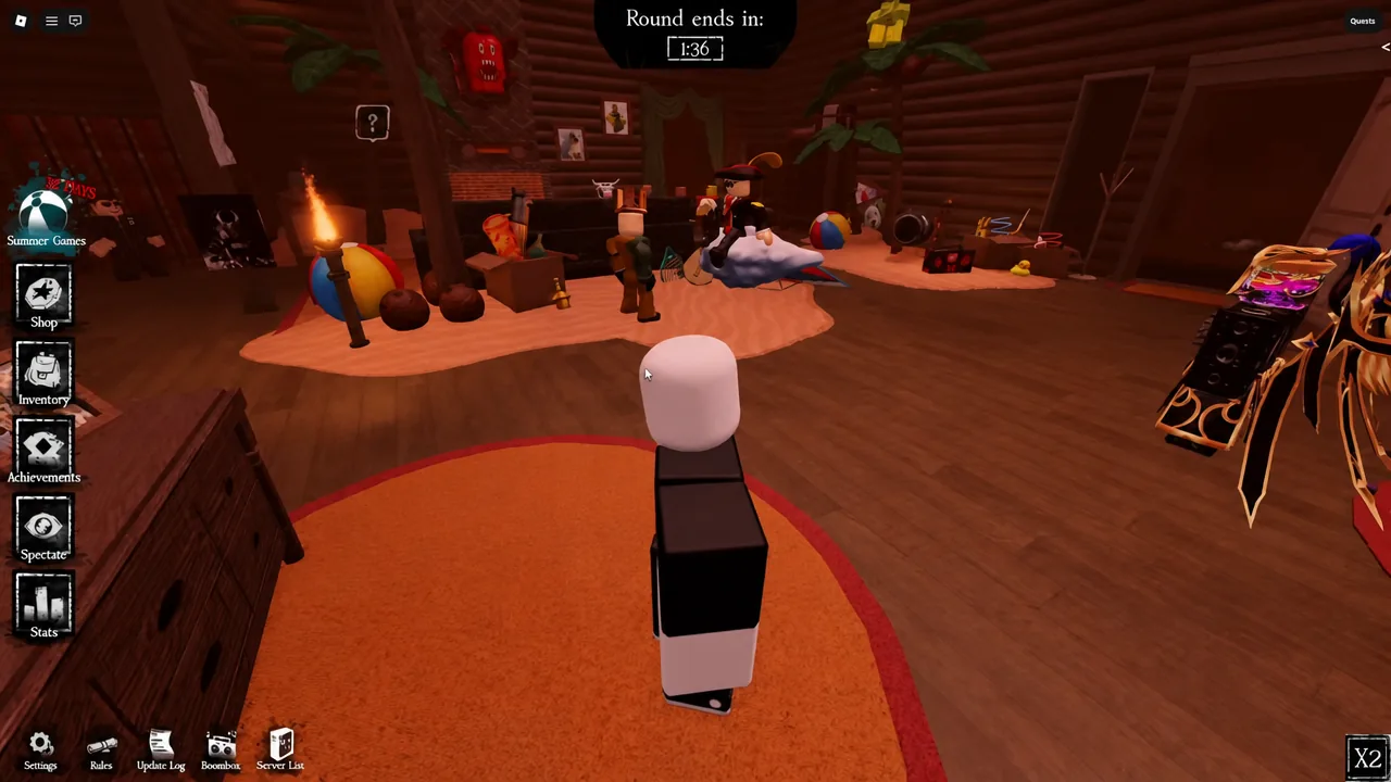 A player standing in the Forsaken lobby with the Round ends in countdown timer on screen.