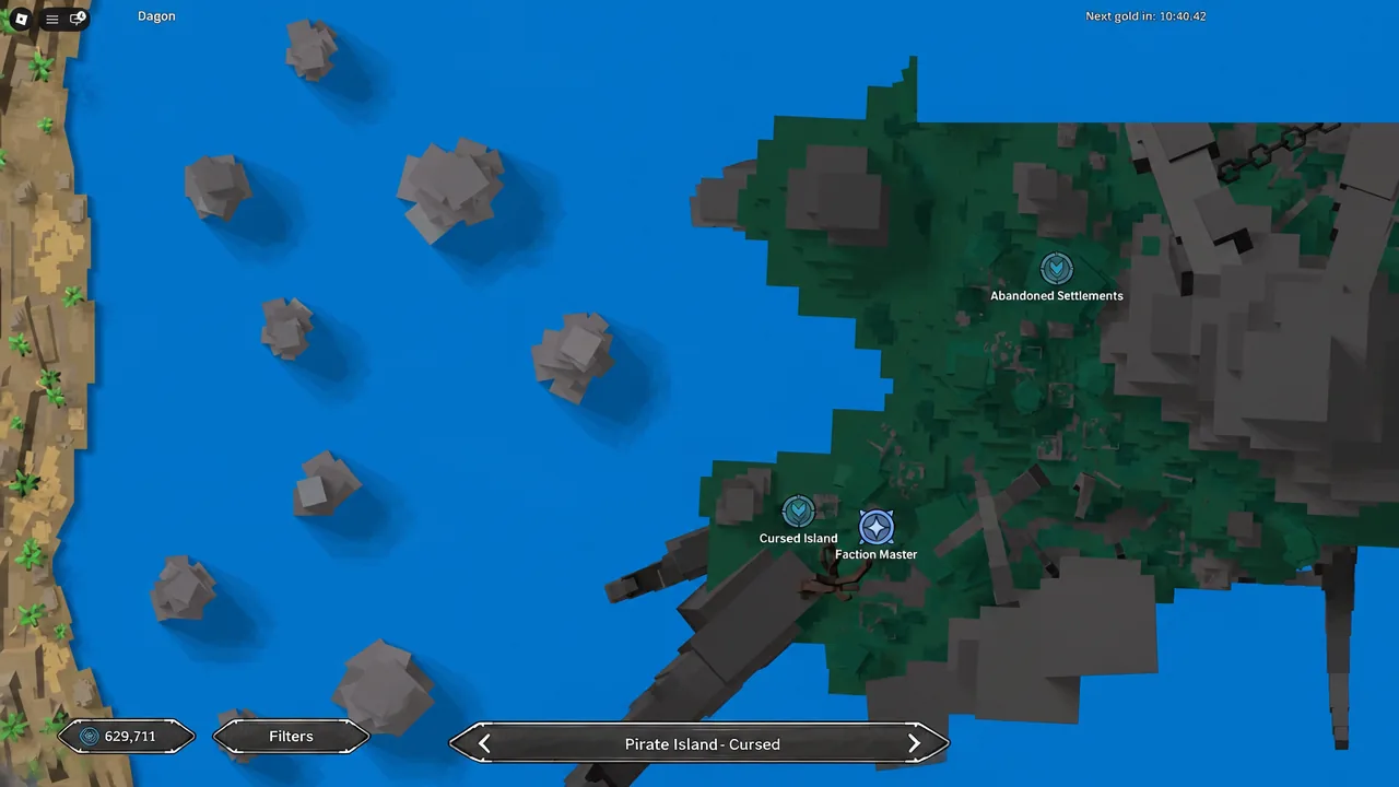Cursed Island shown on the map screen with the Filters button visible above the marker list