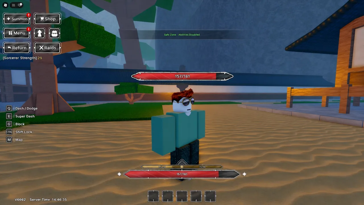 Player standing in the Safe Zone with abilities disabled and health showing 157 out of 181