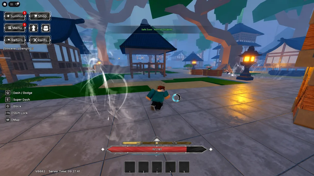 Avatar dashing through the plaza in a Safe Zone where abilities are disabled