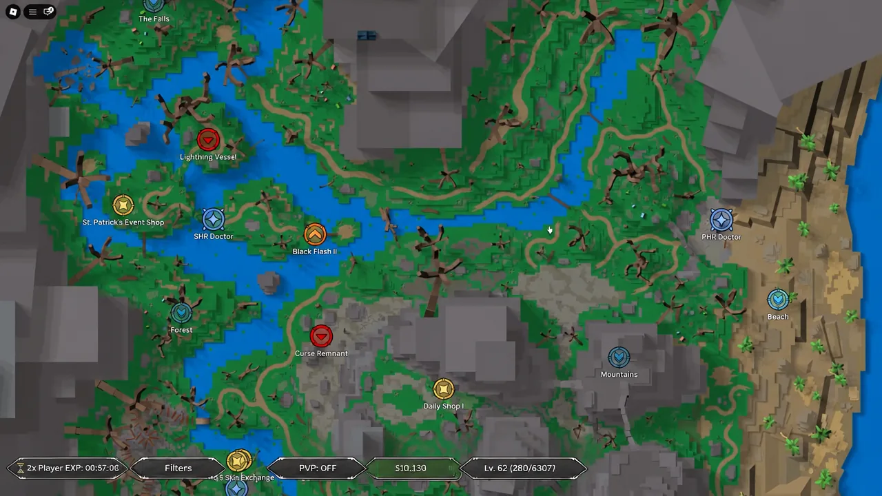 The Falls map screen with the Lightning Vessel marker and a list of nearby travel destinations