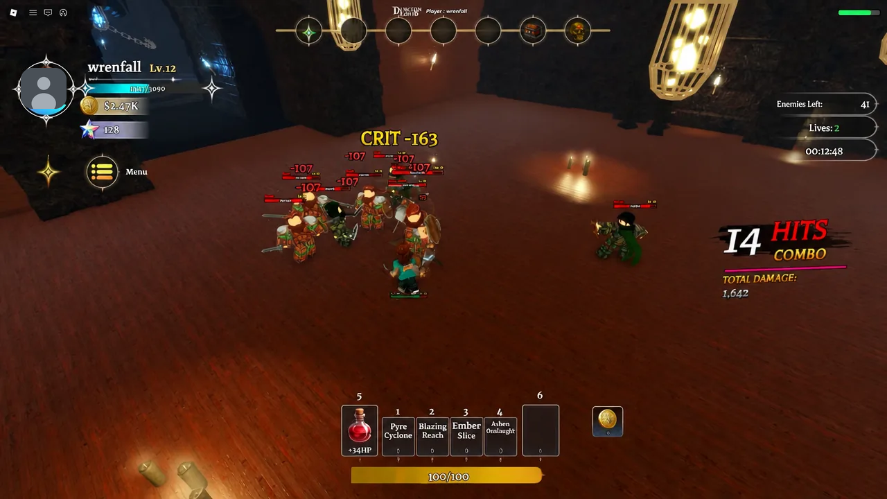 Combat in a dungeon room with damage numbers and a 14-hit combo counter on screen