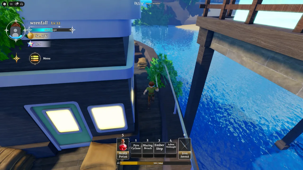 Character walking along a narrow waterfront path in the lobby with the hotbar visible