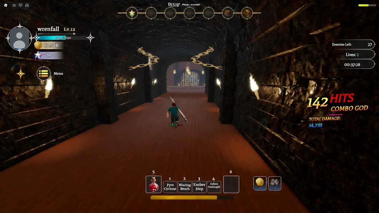 Character advancing down a dungeon corridor toward a gated section during a run