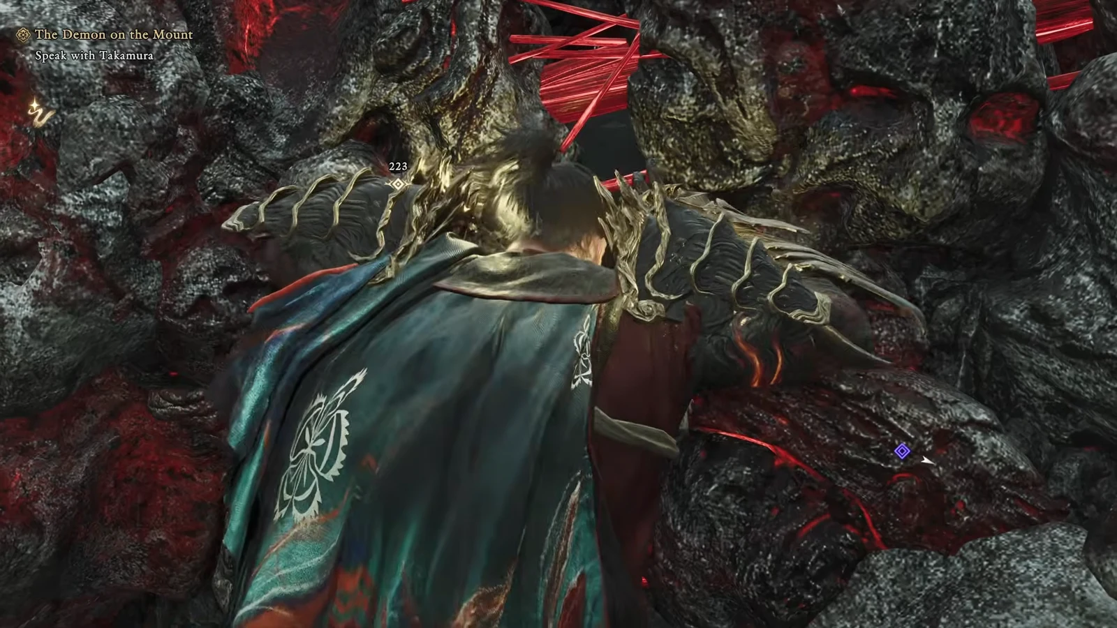 Musashi striking a large demonic enemy inside the walled courtyard area