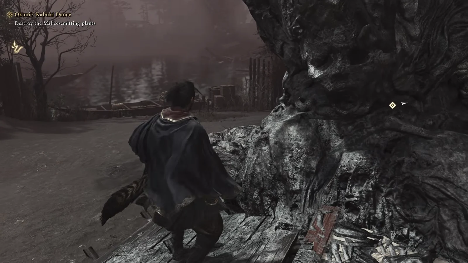 Musashi moving toward the objective marker to destroy Malice-emitting plants around the Kabuki stage
