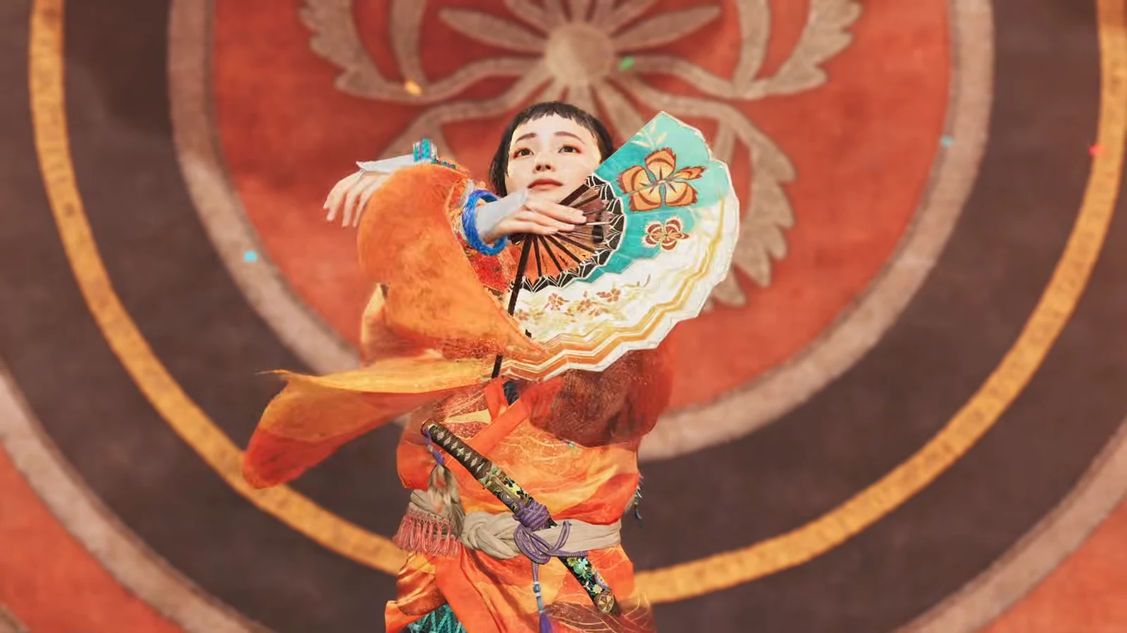 Okuni performing her kabuki dance in a cutscene after the stage area is cleansed