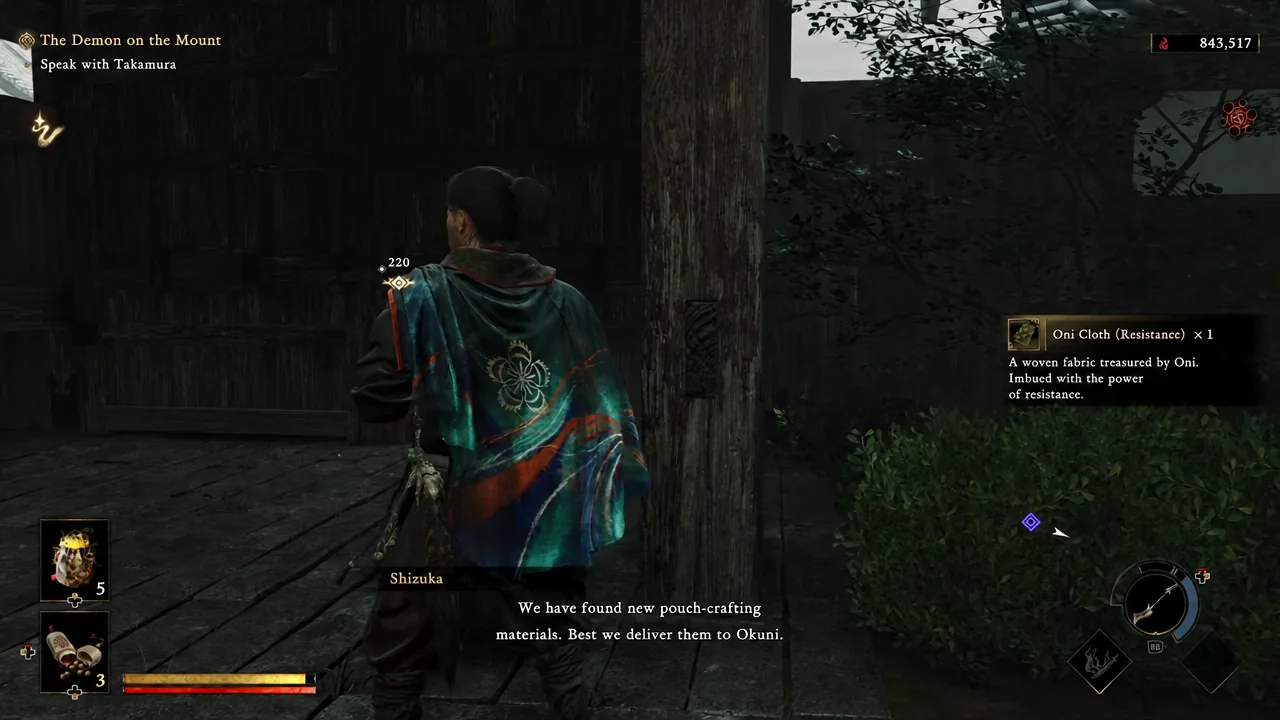 Oni Cloth (Resistance) pickup notification on screen during dialogue