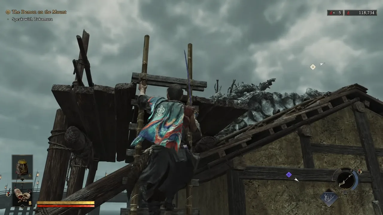 Combat inside the sealed courtyard area with the on-screen objective tracker visible