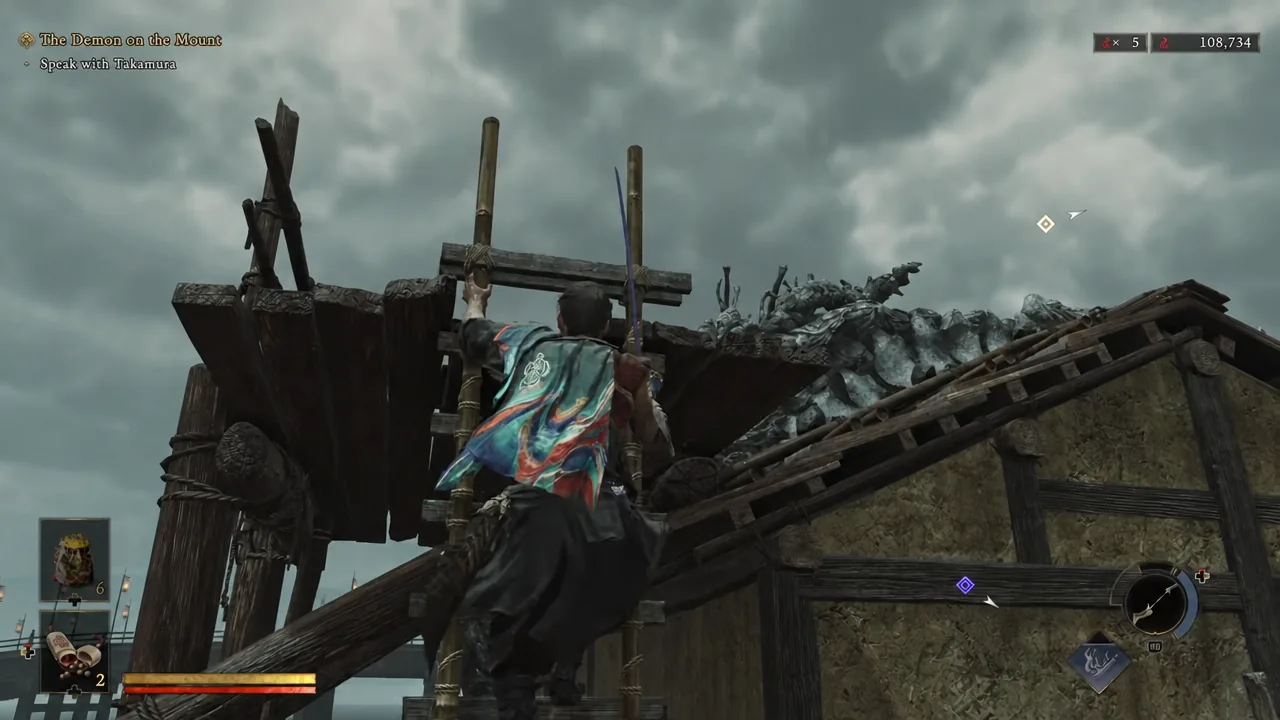 Musashi climbing a wooden ladder up the side of a house toward the rooftop