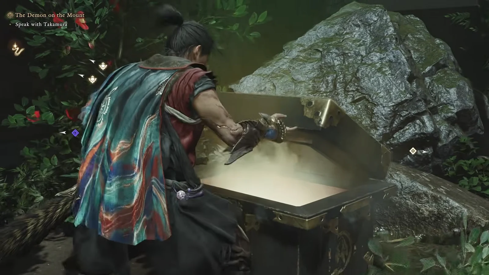 Musashi opening a large glowing chest in the courtyard