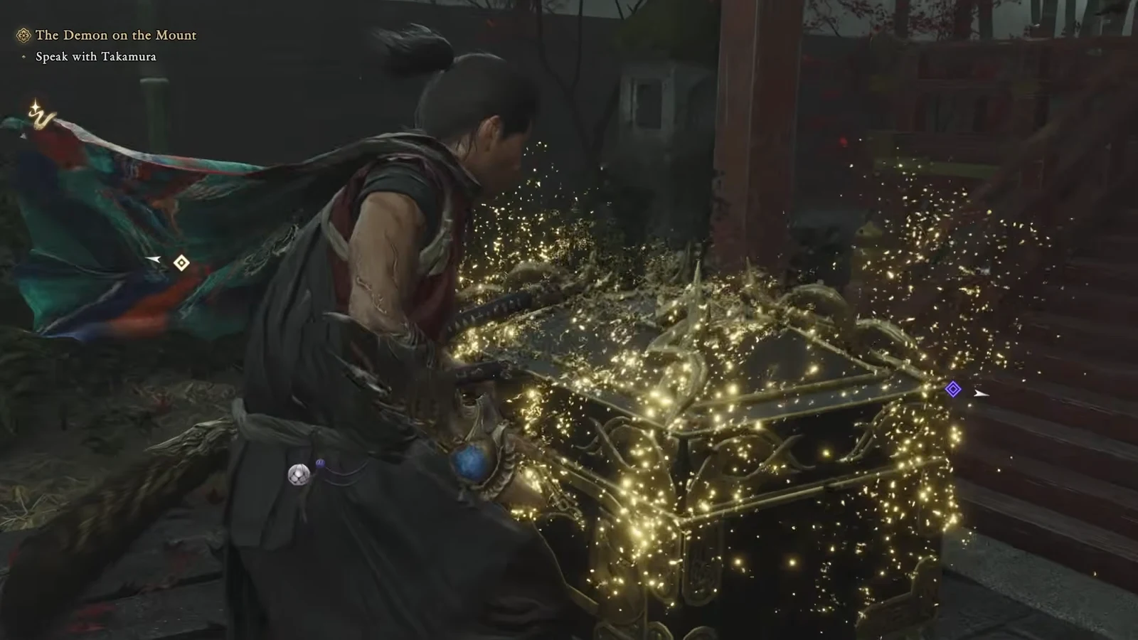 Musashi opening a glowing ornate treasure chest revealed inside the courtyard