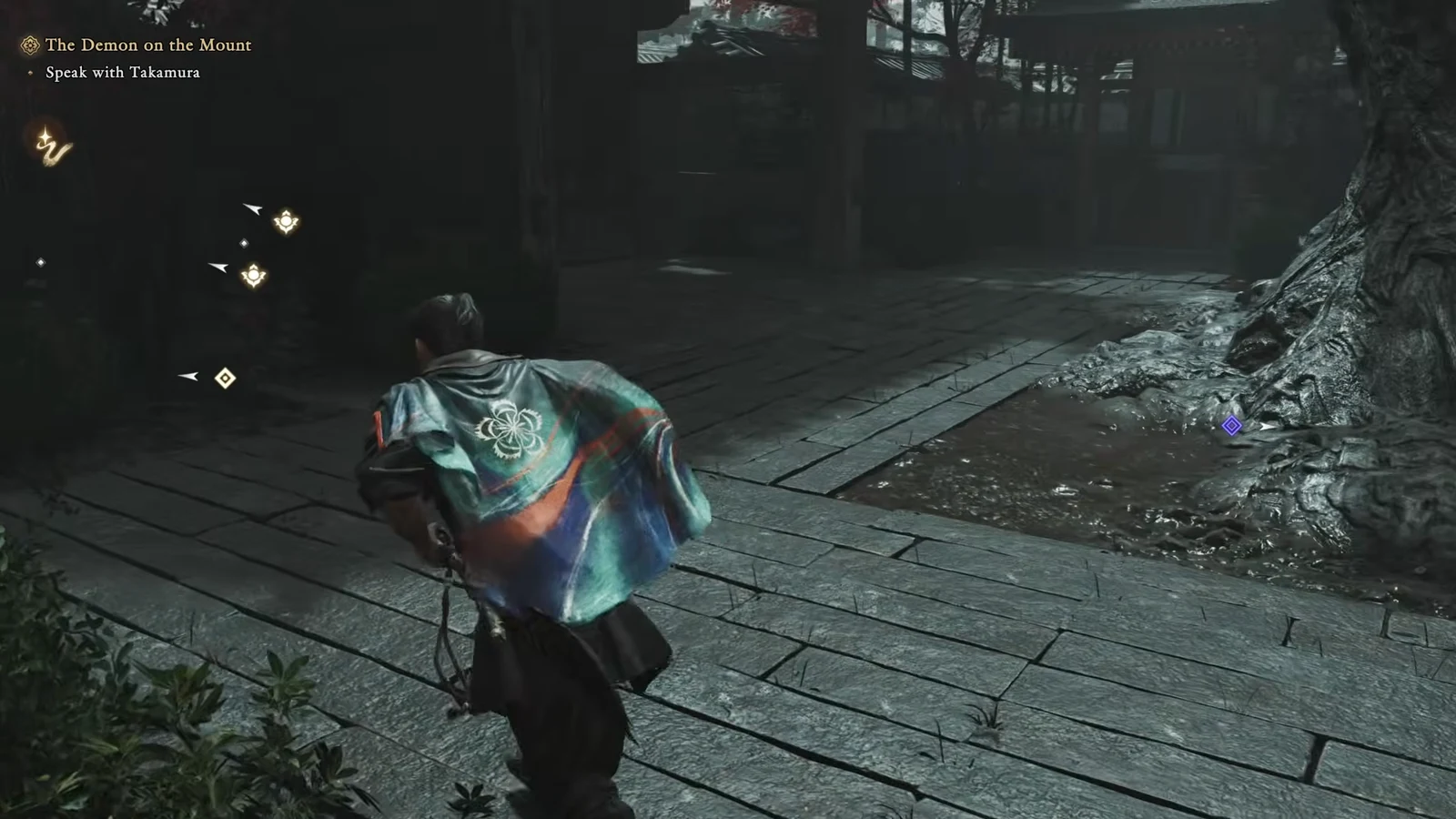 Musashi crossing Kyoto with an active quest objective to speak with Takamura on screen