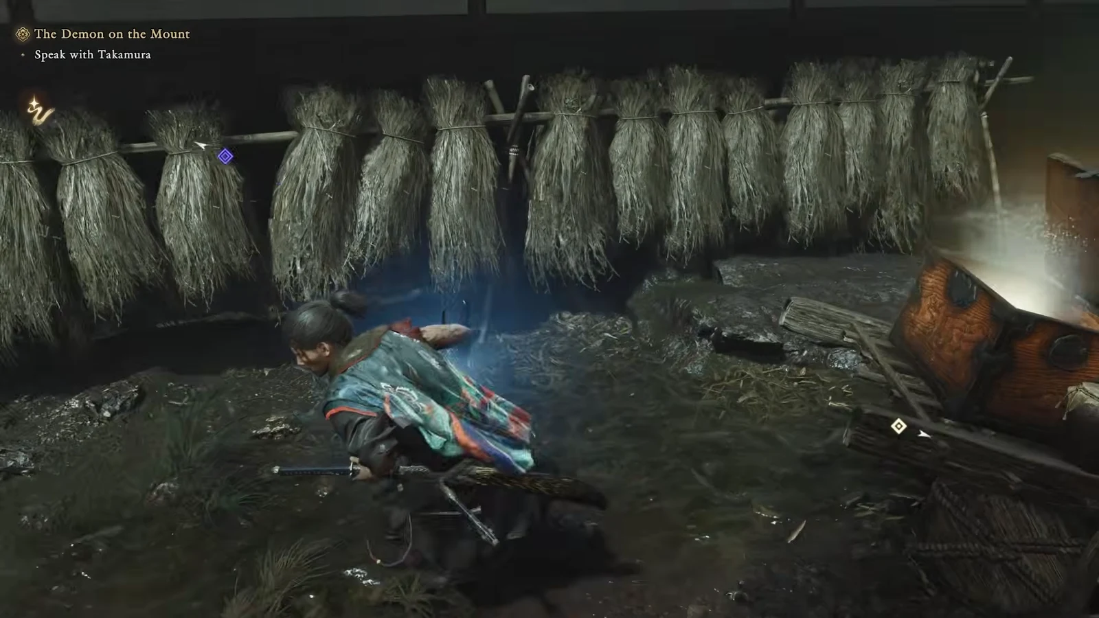 Musashi crouching as he moves toward an on-screen objective marker in a Kyoto street