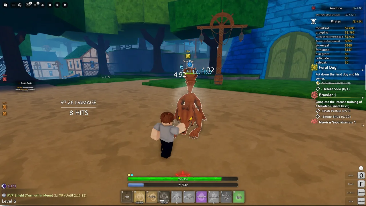 Player character striking a highlighted enemy target while the quest panel tracks the objective