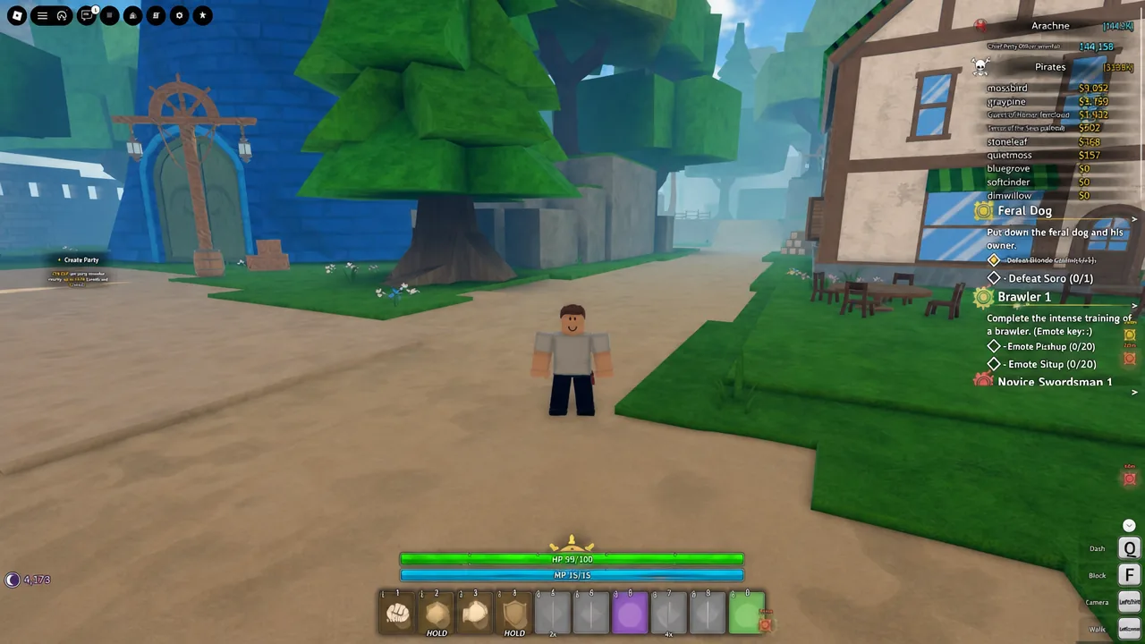 Grand Blue town gameplay with an active quest tracker listed on the right side of the screen