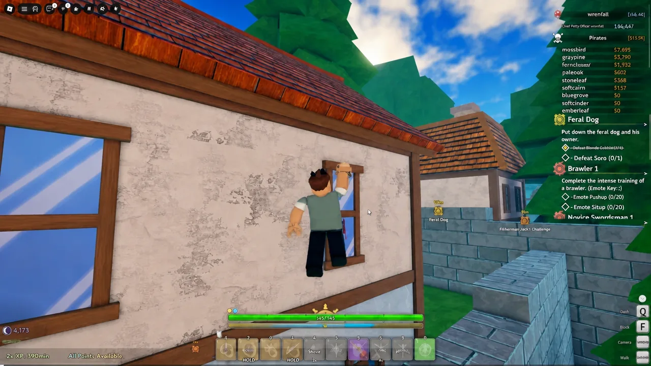 Character scaling a building wall in Grand Blue with the quest objective still tracked on screen