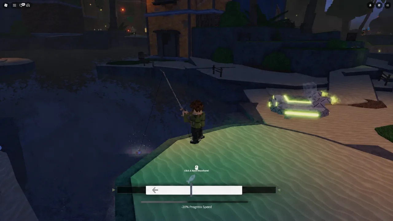 Fishing minigame in Fisch with the click and hold prompt and progress bar active during a catch