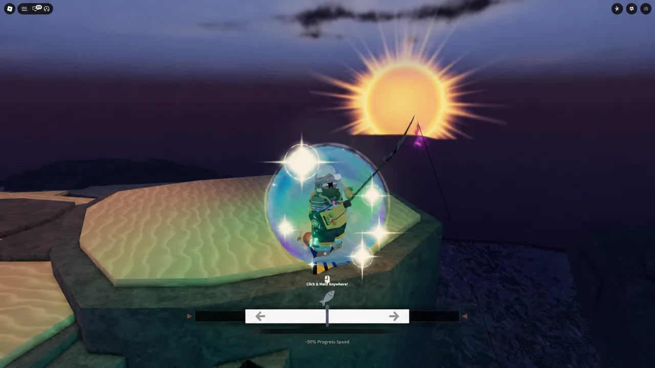Fisch character surrounded by a sparkling bubble effect while controlling the reel slider