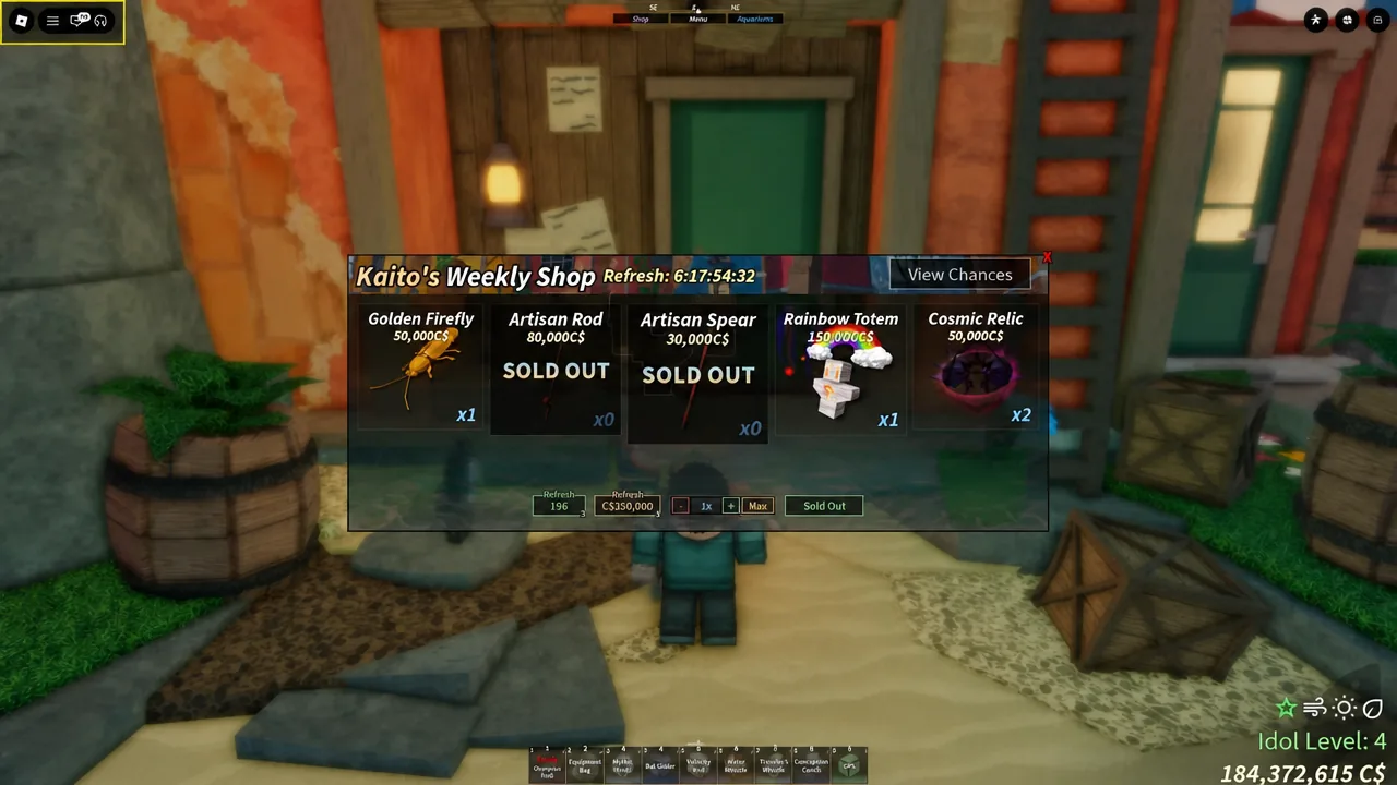 Vendor shop menu in Fisch listing the Tropical Squall Totem and other weekly stock