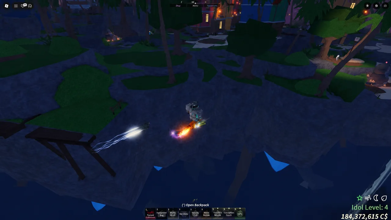Fisch player character in the air with the Open Backpack prompt and hotbar on screen