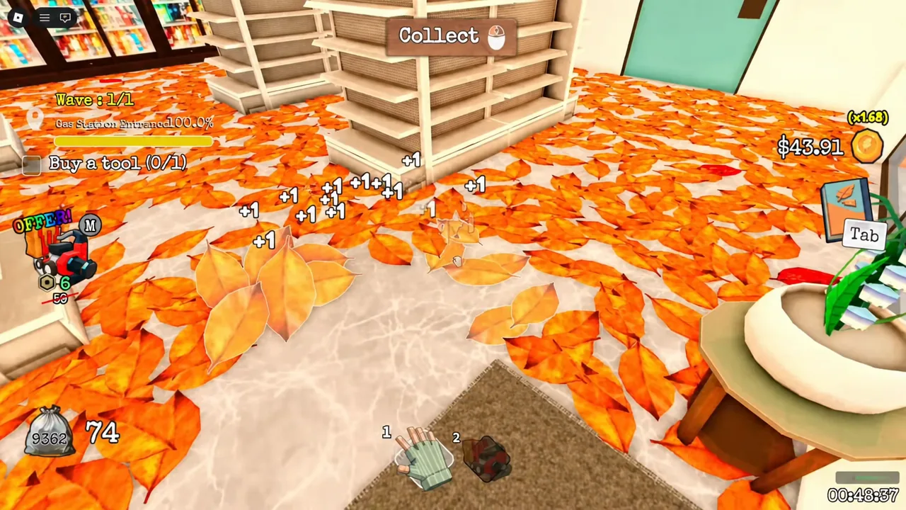 Collect prompt active as the player gathers leaves around the gas station store shelves