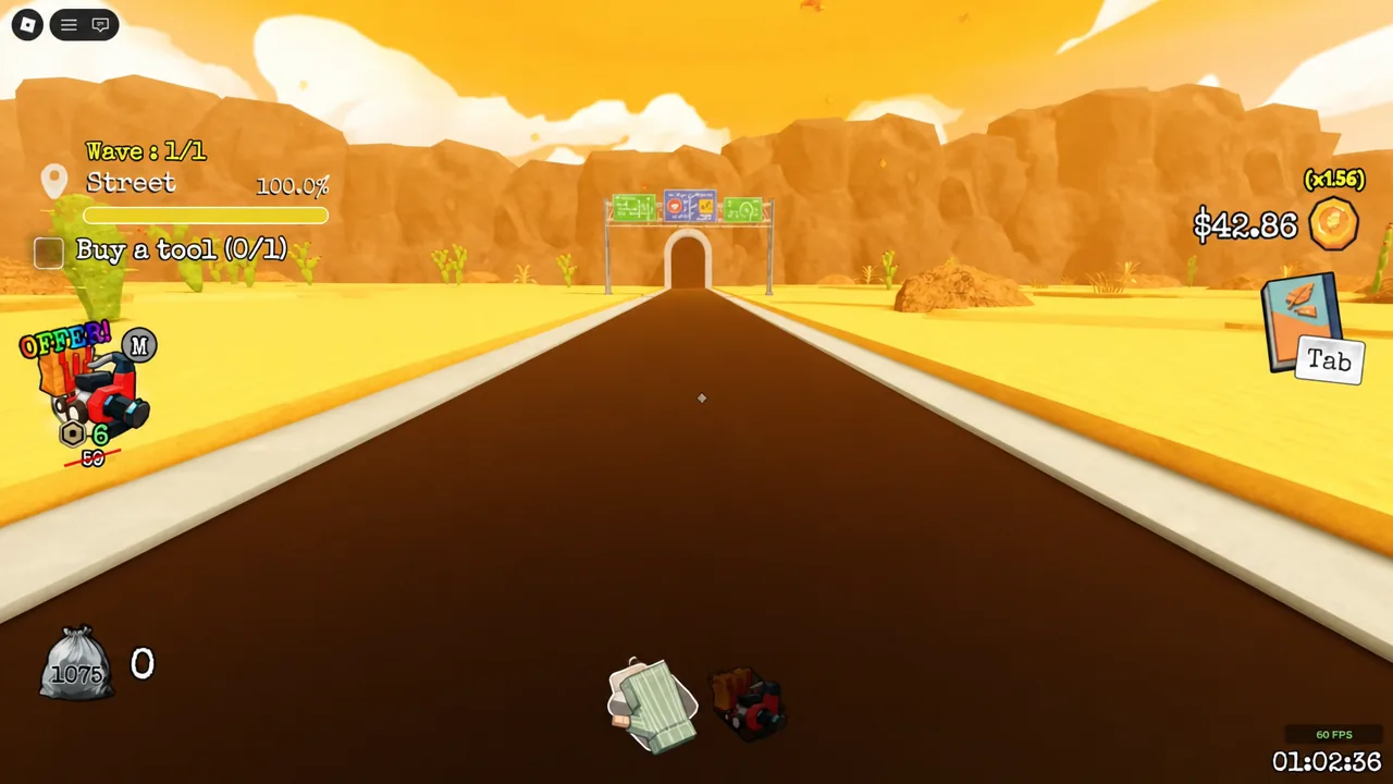 Street objective panel showing the Buy a tool progress while the player buys a tool