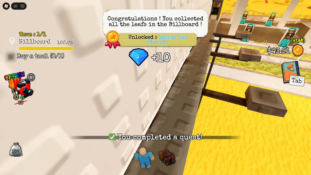 Billboard completion popup confirming all leaves collected and the Inside Gas Station unlock