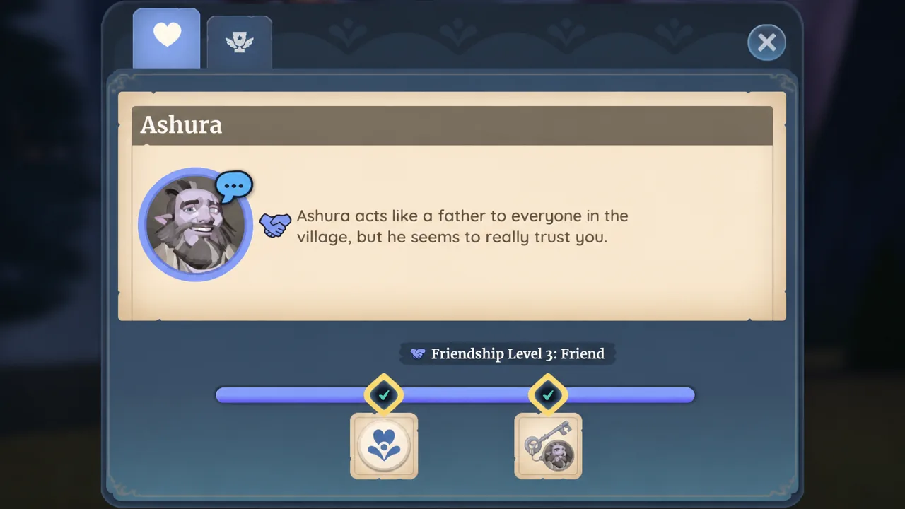 Villager friendship screen with the Heart tab showing Level 3 progress and rewards