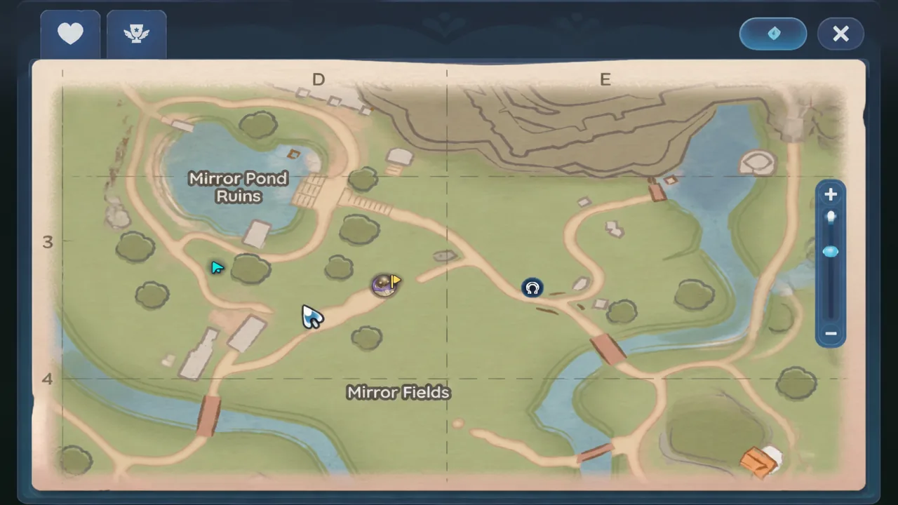 World map open with the cursor near Mirror Pond Ruins marking the tent area