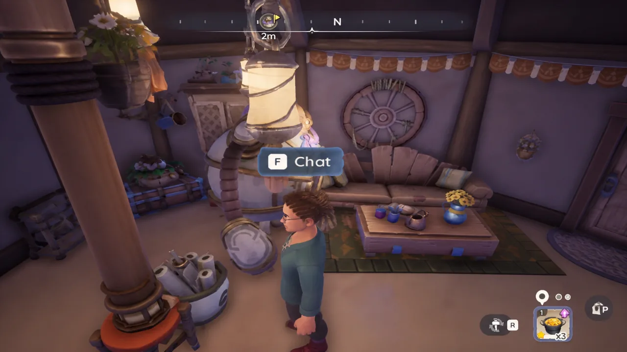 In-game view inside the tent with an F Chat prompt to talk to a nearby character