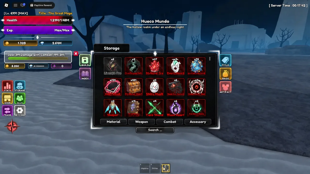 The Storage menu open on the Material tab, listing inventory items