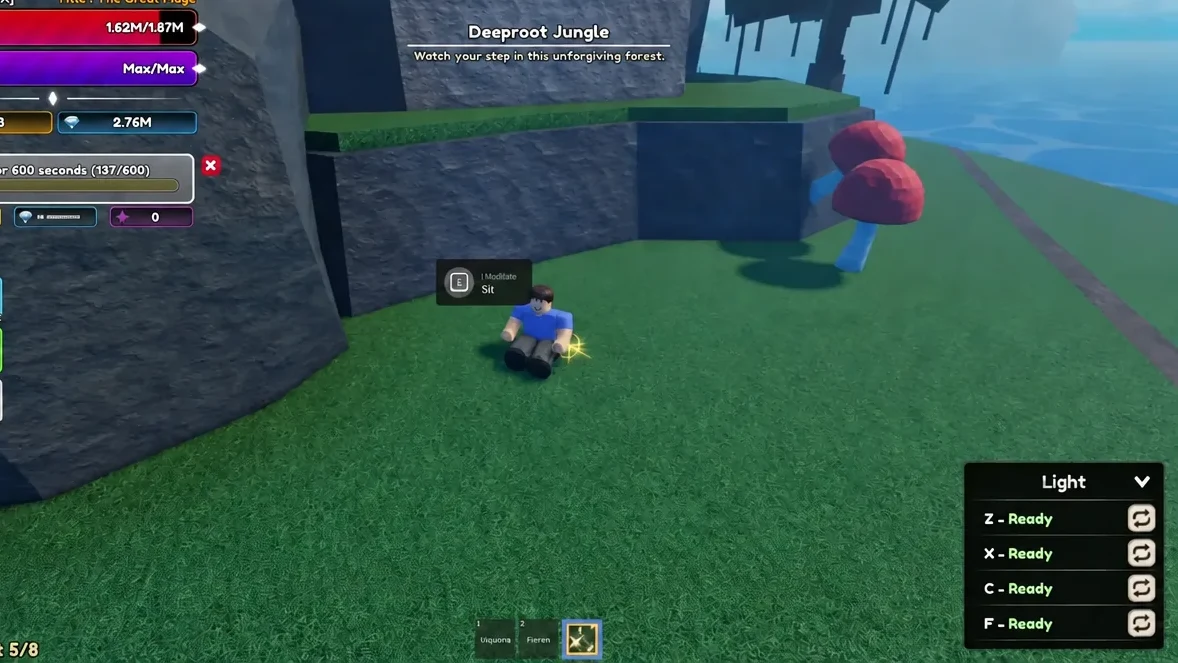 The E Meditate prompt shown in DeepRoot Jungle with the avatar seated