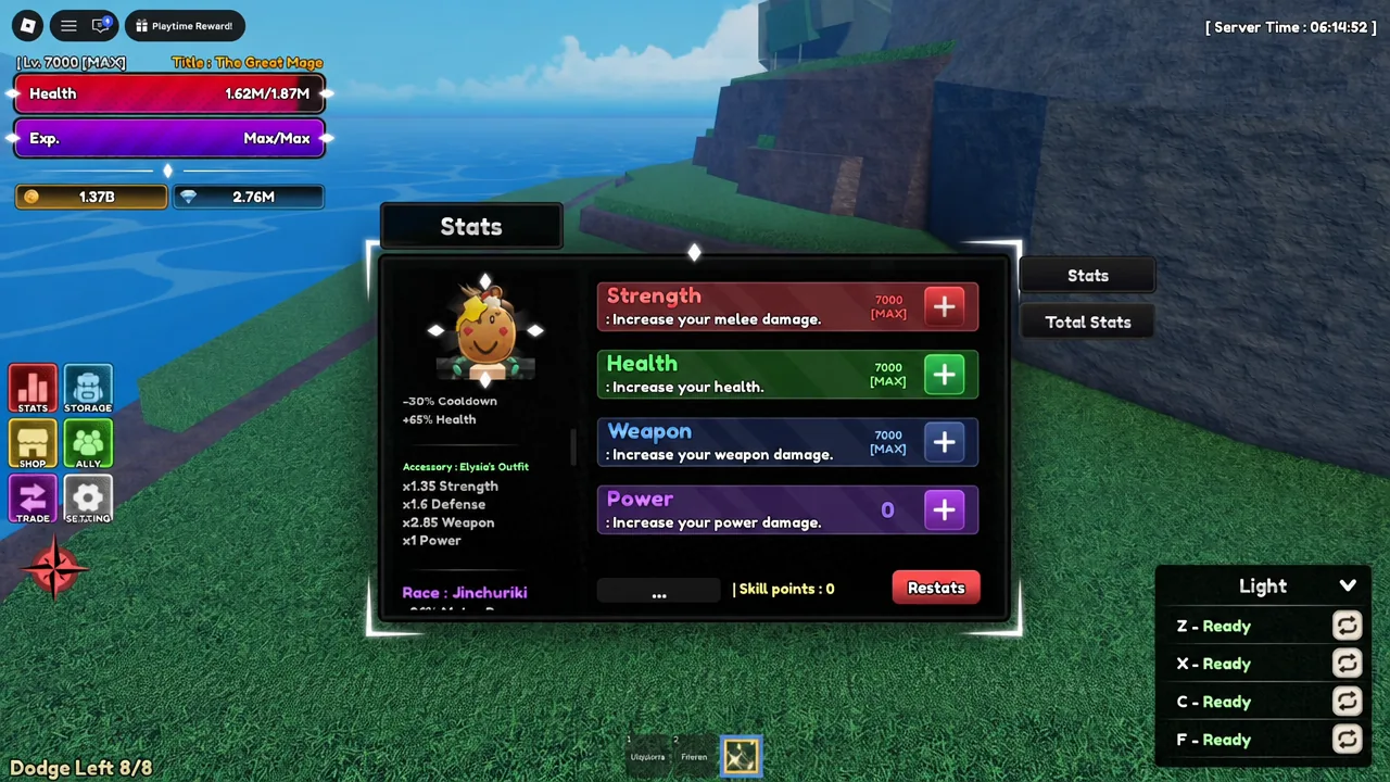 The stats screen showing the Power upgrade button after unlocking the race
