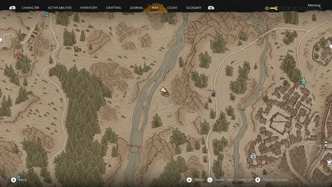 Map screen with the riverbank marker selected and set to track