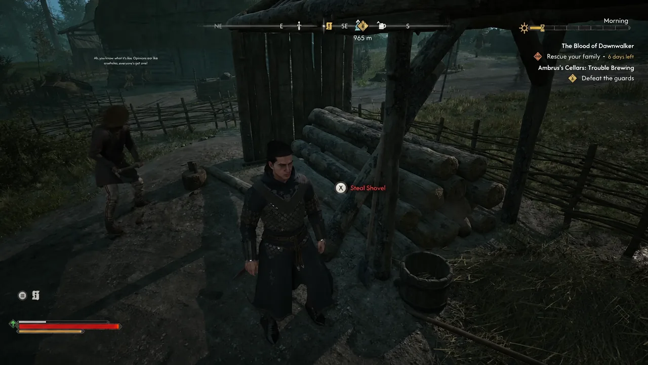 Gameplay prompt showing the Steal Shovel interaction next to the woodpile near Boar's Back