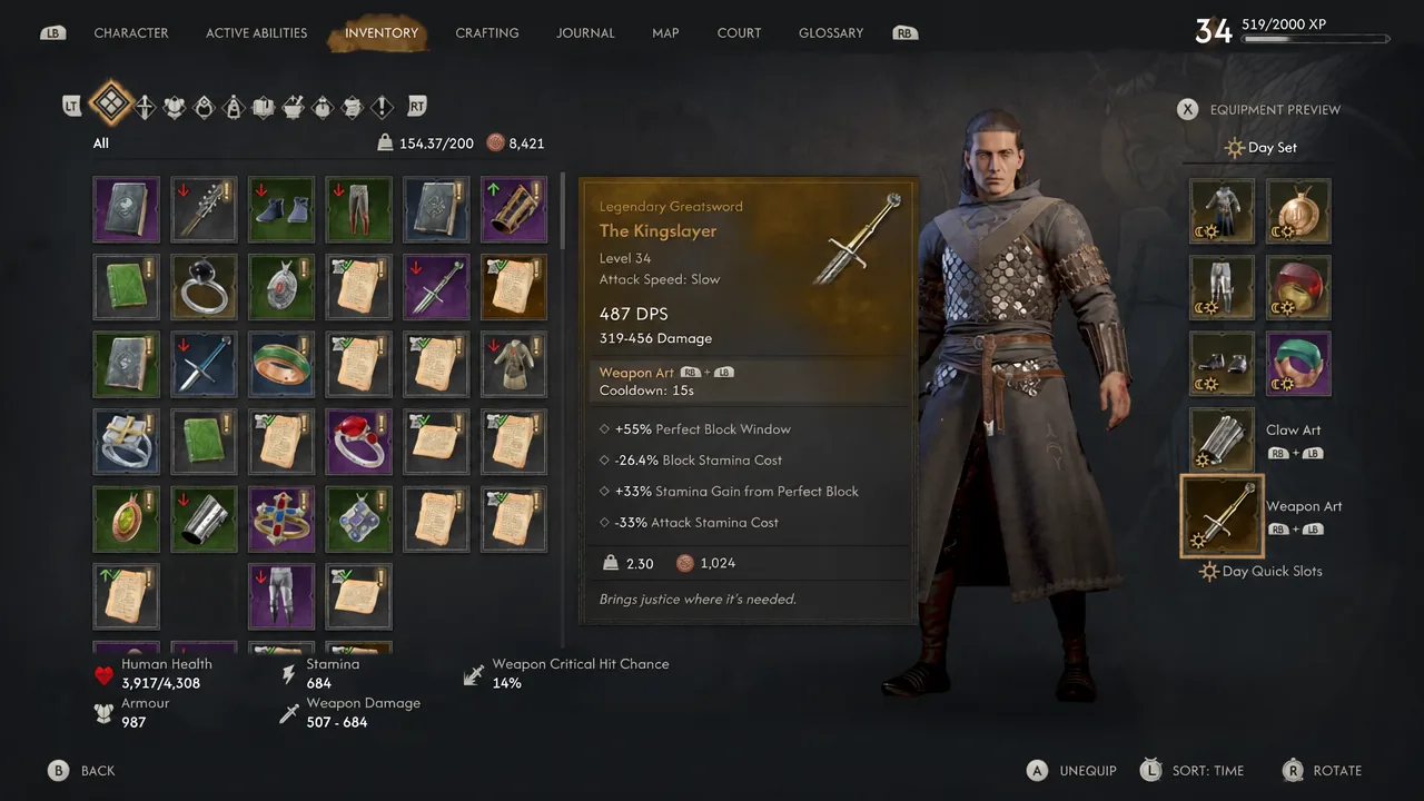 Inventory screen with The Kingslayer legendary greatsword selected, showing its block and stamina bonuses