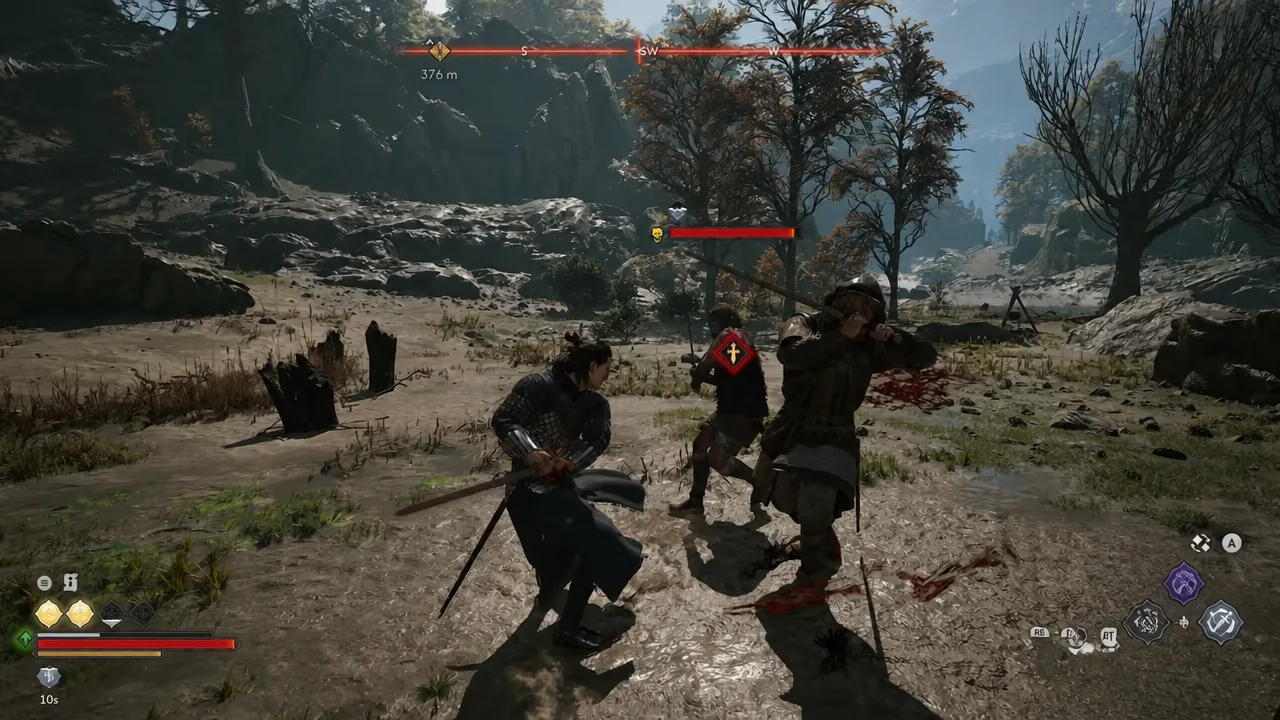Coen fighting two swordsmen with a red target marker locked onto the center enemy