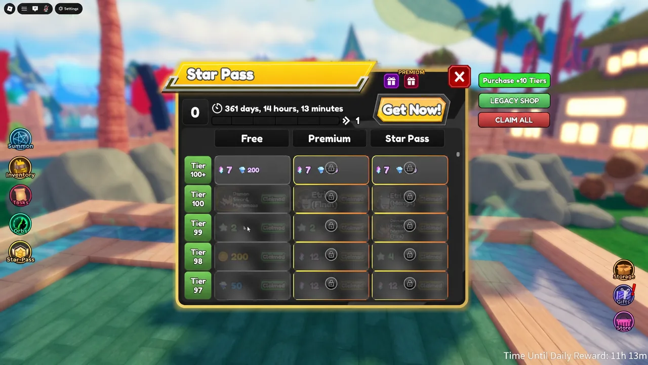 The Star Pass menu open on the rewards tab, showing tier rewards ready to claim.