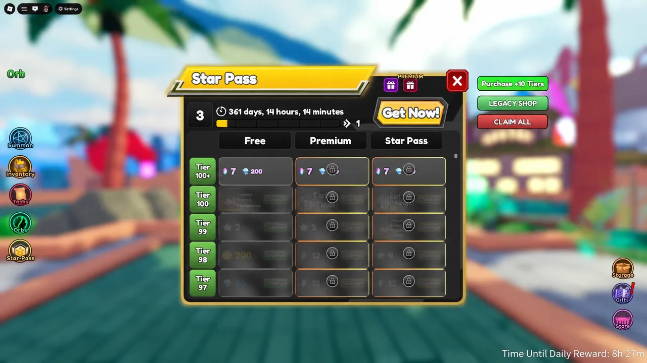 The Get Now! button highlighted on the Star Pass screen for unlocking the Premium path.